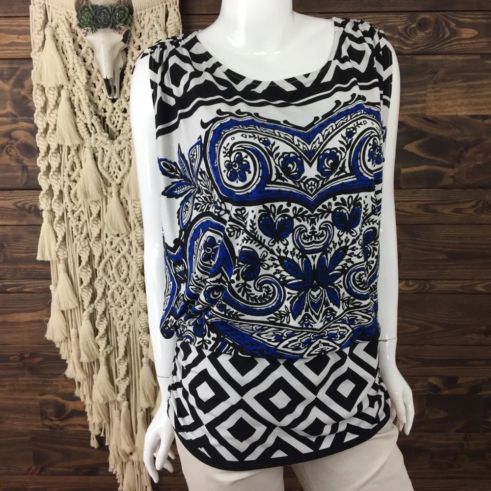 Alfani | Patterned Ruched Drop Waist Open Drape Blouse - Picture 1 of 9
